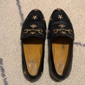 Gucci Black Leather Horsebit Loafers with Gold Star & Bee Embroidery